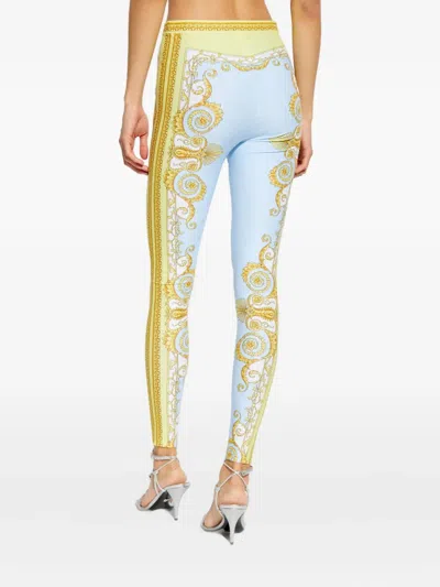 Versace Blue Leggings With All-over Geometric Print In Stretch Fabric Woman In Multi