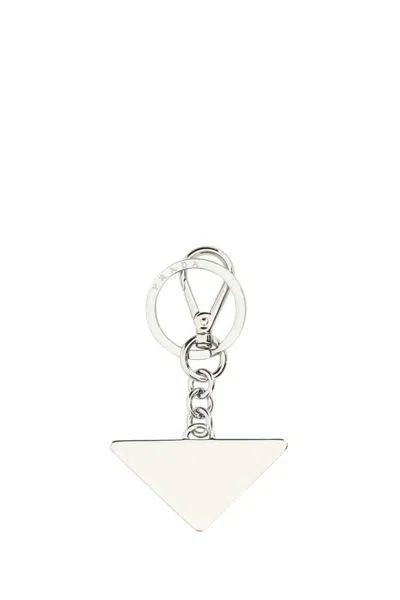 Prada Two-tone Leather And Metal Keychain In Silver