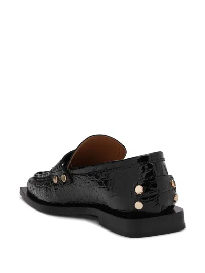 Ganni Croc Embossed Square Toe Loafer In Black