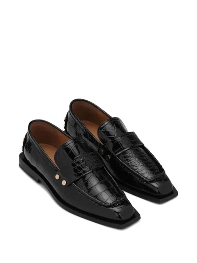 Ganni Croc Embossed Square Toe Loafer In Black