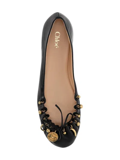 Chloé Bow Ballerinas Gold-tone Embellishments In Black