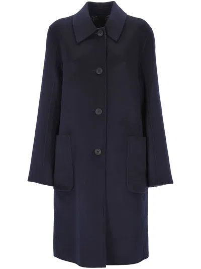 Tory Burch Jacquard Wool Coat With Monogram T In Blue