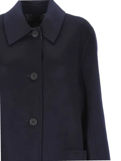 Tory Burch Jacquard Wool Coat With Monogram T In Blue