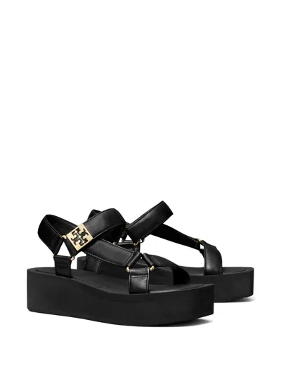 Tory Burch Round Toe Leather Platform Sandals With Ankle Strap In Black