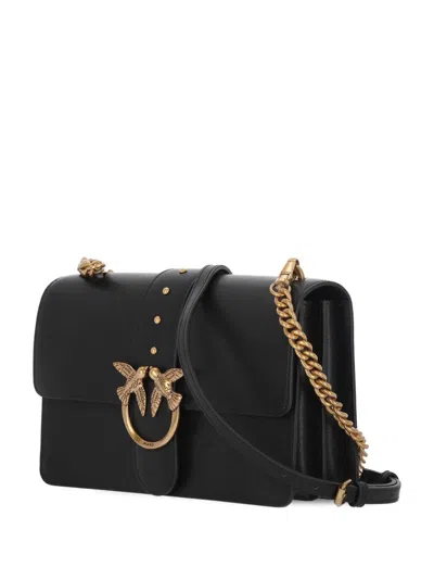 Pinko Love One Classic Black Crossbody Bag With Studded Strap And Love Birds Diamond Cut Plaque On The Fro