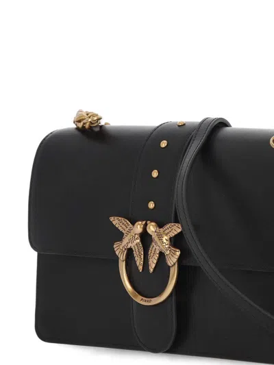 Pinko Love One Classic Black Crossbody Bag With Studded Strap And Love Birds Diamond Cut Plaque On The Fro