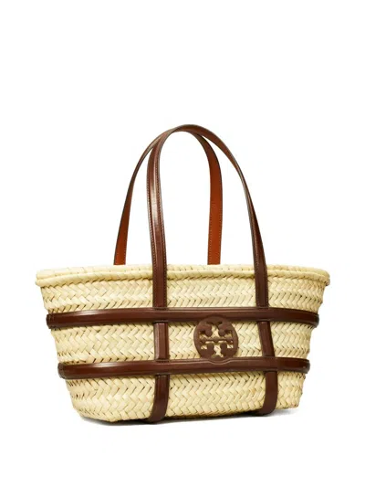 Tory Burch Small Ella Shopping Bag In Straw Classic Leather Color In Brown