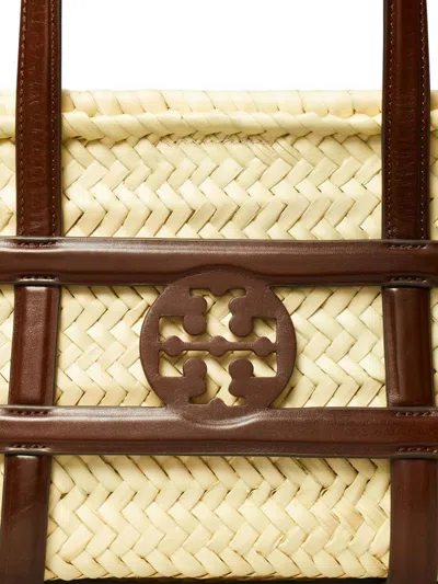 Tory Burch Small Ella Shopping Bag In Straw Classic Leather Color In Brown