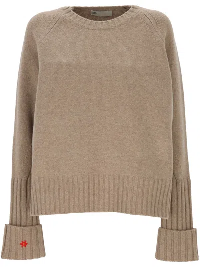 Tory Burch Sweater With A Round Neck In Merino Wool In Neutral