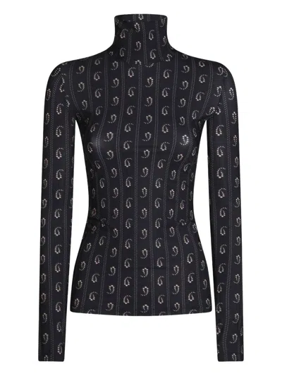 Tory Burch Turtleneck Long Sleeve Fitted Patterned Top In Black