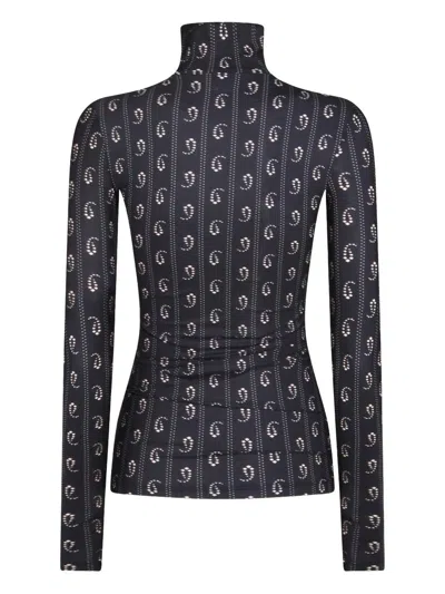 Tory Burch Turtleneck Long Sleeve Fitted Patterned Top In Black