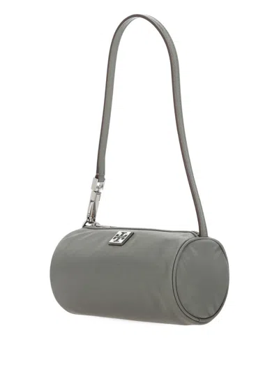 Tory Burch Virginia Cylinder Bag With Double-t Plaque In Gray