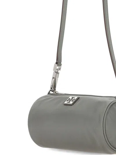 Tory Burch Virginia Cylinder Bag With Double-t Plaque In Gray