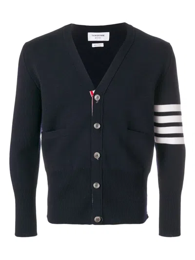 Thom Browne Milano Stitch V Neck Cardigan With 4 Bar In Fine Merino Wo In Blue