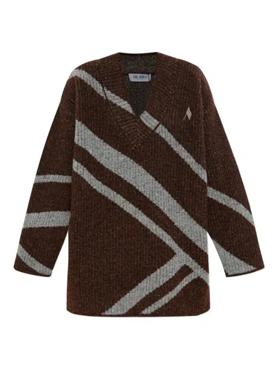 Attico Oversized Knit Sweater Geometric Design In Brown