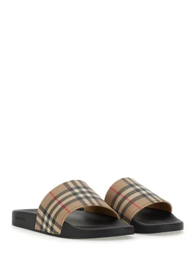 Burberry Men Beige Vintage Check Print Slides Man In Multi