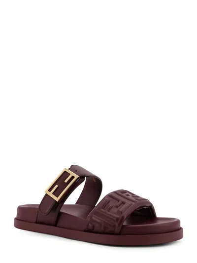 Fendi Feel Embossed Ff Leather Flat Sandals In Burgundy