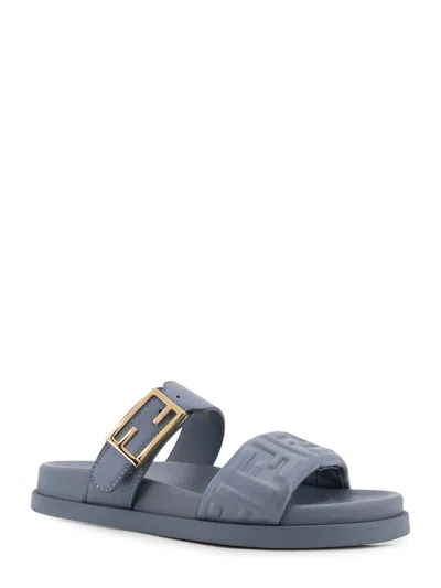 Fendi Feel Embossed Ff Leather Flat Sandals In Blue