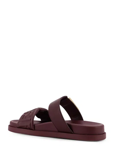 Fendi Feel Embossed Ff Leather Flat Sandals In Burgundy