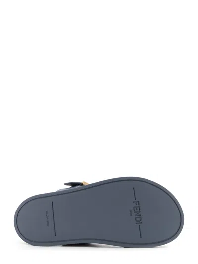 Fendi Feel Embossed Ff Leather Flat Sandals In Blue