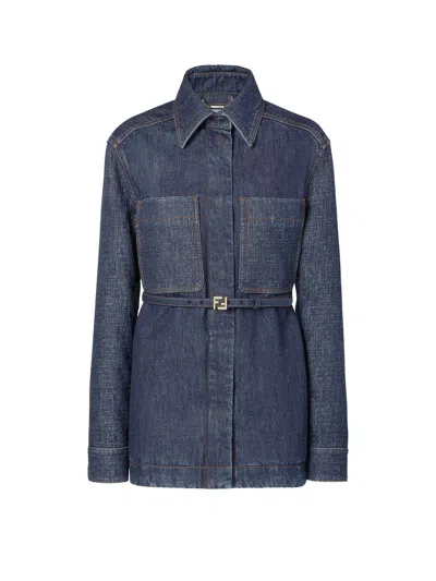 Fendi Go-to Denim Shirt Jacket With Quilted Ff Motif Clothing In Blue