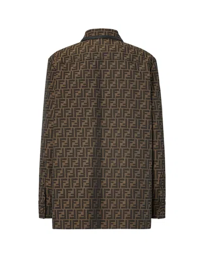 Fendi Ff Silk Jacquard Oversized Shirt In Brown