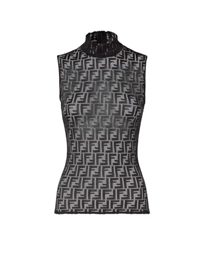 Fendi Women Black Crewneck Sleeveless Top With All-over Ff Motif And Rear Zip Closure In Tech Fabric In Black
