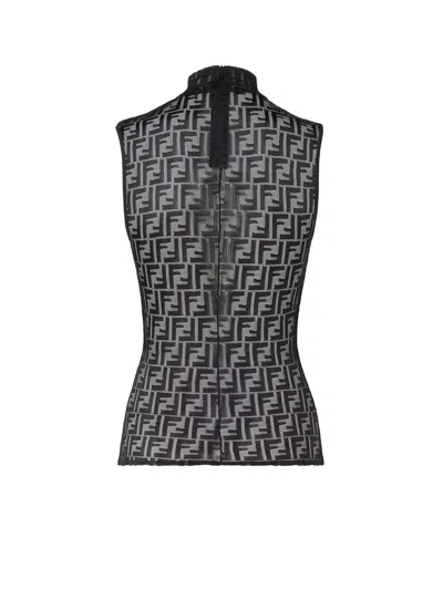 Fendi Women Black Crewneck Sleeveless Top With All-over Ff Motif And Rear Zip Closure In Tech Fabric In Black