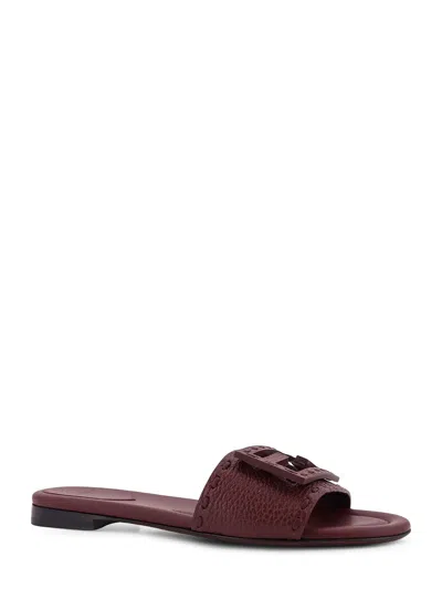 Fendi Baguette Ff Leather Buckle Flat Slide Sandals In Brown