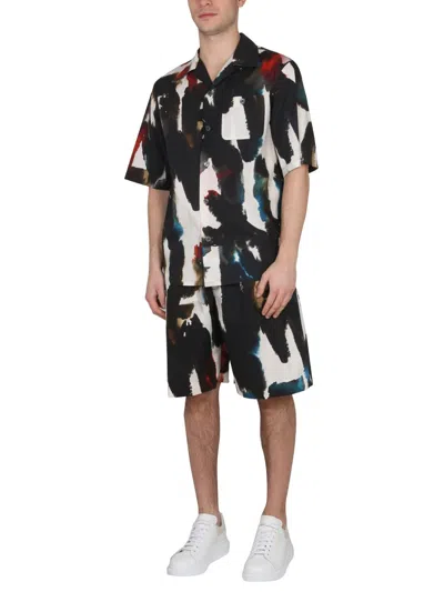 Alexander Mcqueen Cotton Bermuda Shorts With All-over Graffiti Acquerello Print In Multi