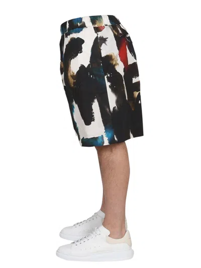 Alexander Mcqueen Cotton Bermuda Shorts With All-over Graffiti Acquerello Print In Multi