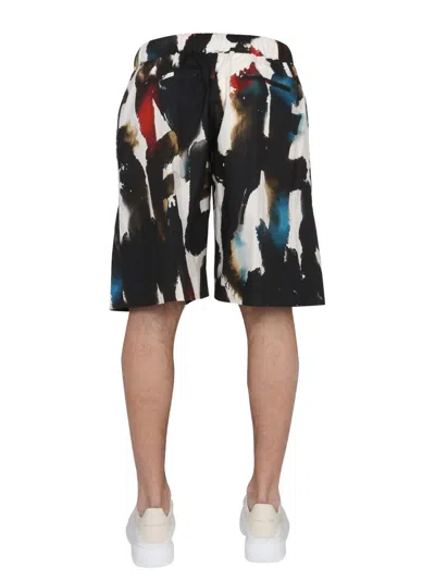 Alexander Mcqueen Cotton Bermuda Shorts With All-over Graffiti Acquerello Print In Multi