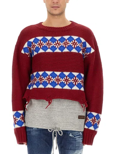 Dsquared2 Jacquard Hybrid Canadian Sweater With Distressed Detail In Brown