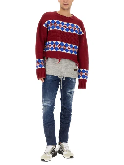 Dsquared2 Jacquard Hybrid Canadian Sweater With Distressed Detail In Brown