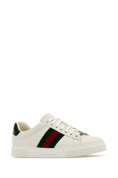 Gucci Ace Leather Sneakers With Lateral Web Band In White