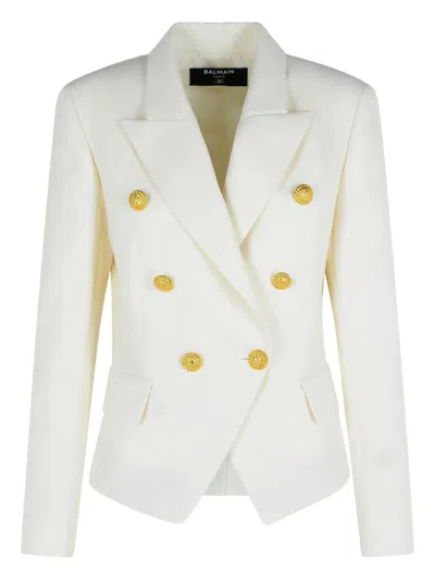 Balmain Double-breasted Structured Denim Blazer With Peak Lapel In White