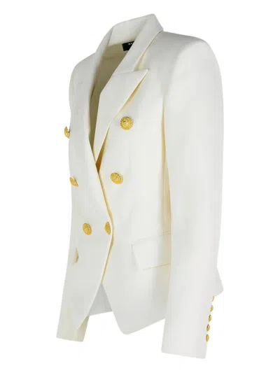 Balmain Double-breasted Structured Denim Blazer With Peak Lapel In White