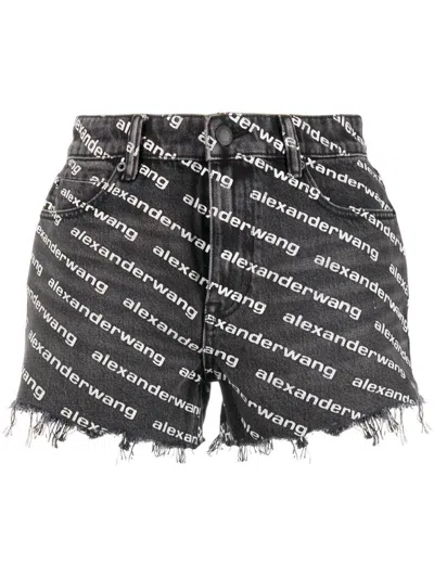 Alexander Wang Omens Grey Aged White Logo-print Bite Denim Shorts In Black