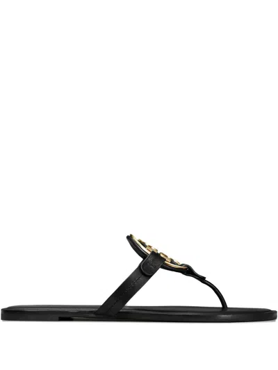 Tory Burch Leather Miller Sandals Flat Sole Open Toe In Black