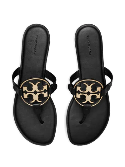 Tory Burch Leather Miller Sandals Flat Sole Open Toe In Black