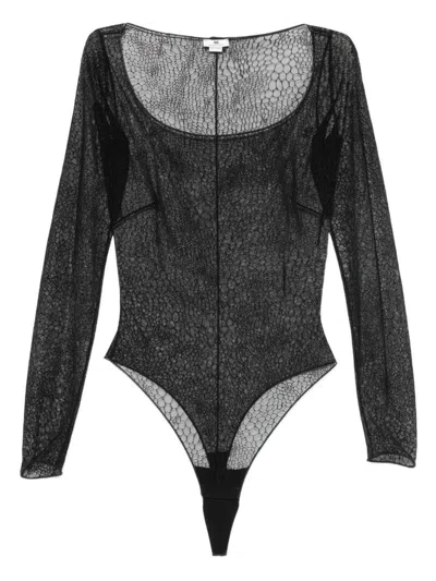 Elisabetta Franchi Sheer Black Bodysuit With Subtle Hexagonal Mesh In Black