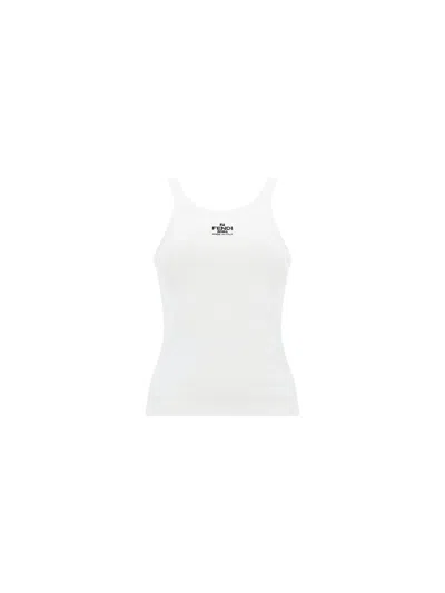 Fendi Women White Ribbed Tank Top With Contrasting Logo Embroidery In Stretch Cotton Woman In White