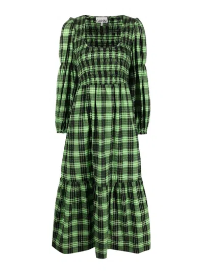 Ganni Seersucker Smocked Maxi Dress In Green
