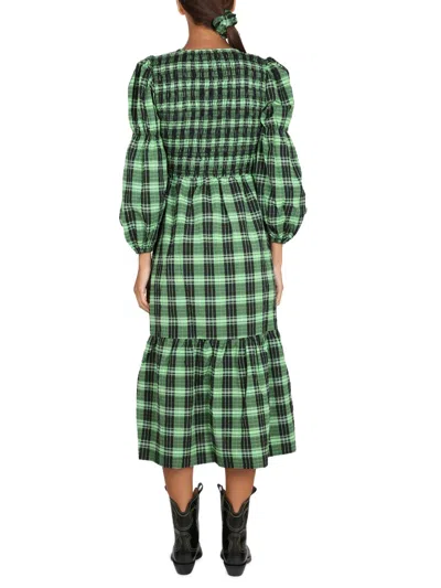 Ganni Seersucker Smocked Maxi Dress In Green