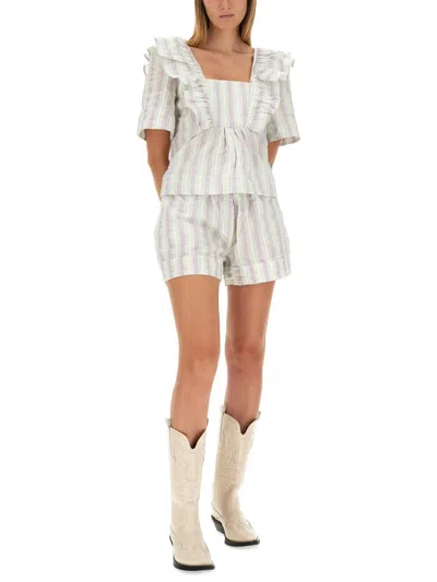 Ganni Striped Seersucker Ruffle Blouse In Metallic