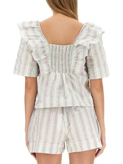 Ganni Striped Seersucker Ruffle Blouse In Metallic