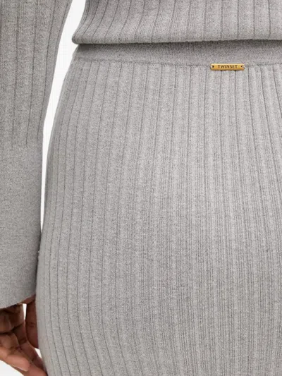 Twinset Ribbed Front-slit Midi Skirt In Gray