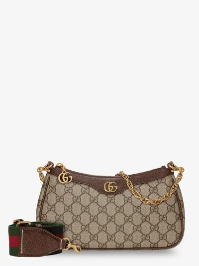 Gucci Women Beige Shoulder Bag With Gg Plaque On The Front And Chain-link Handle In Gg Canvas Woman In Multi