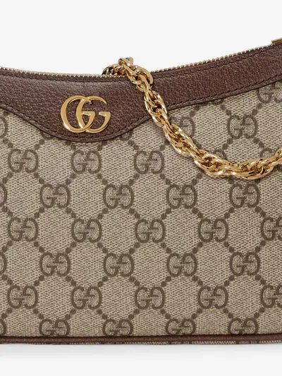Gucci Women Beige Shoulder Bag With Gg Plaque On The Front And Chain-link Handle In Gg Canvas Woman In Multi