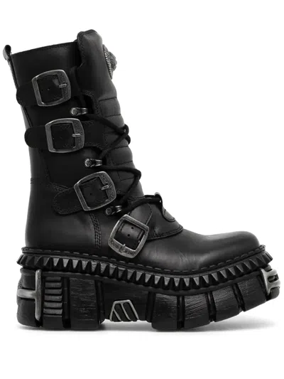 New Rock 80mm Buckle Platform Boots In Black